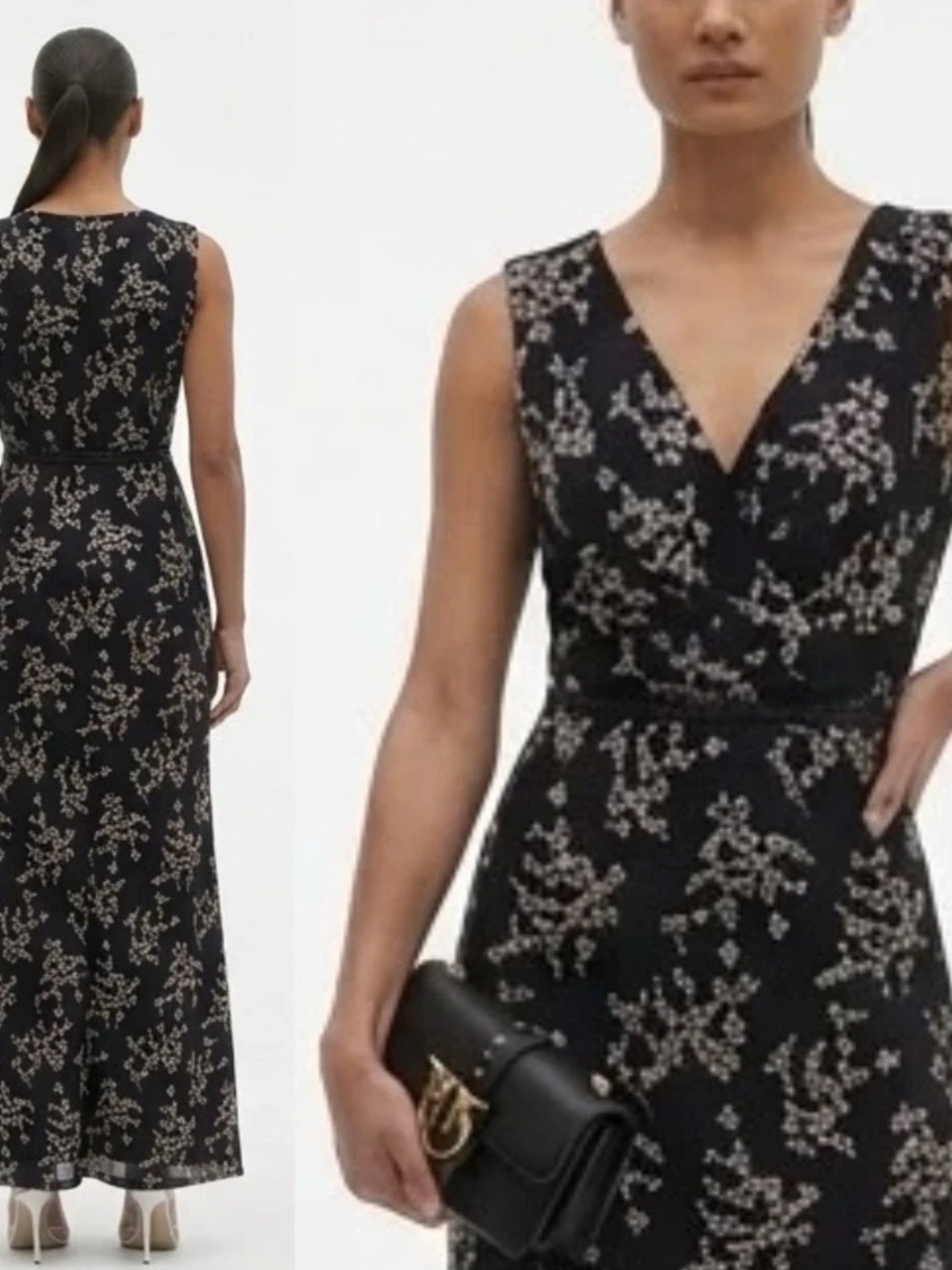 NWT Ralph Lauren Black Gold Sleeveless V-Neck Floral Maxi Dress Metallic Size 6